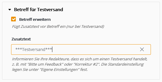 Testversand Voreinstellungen